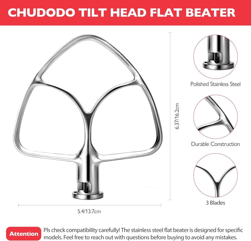CHUDODO Flat Beater for KitchenAid 4.5qt-5qt Tilt-Head Stand Mixer,Stainless Steel Paddle Attachments Fits for K45SS, KSM75, KSM90, KSM110, KSM125, KSM150, Dishwasher Safe, Heavy Duty, No Residue - Image 2